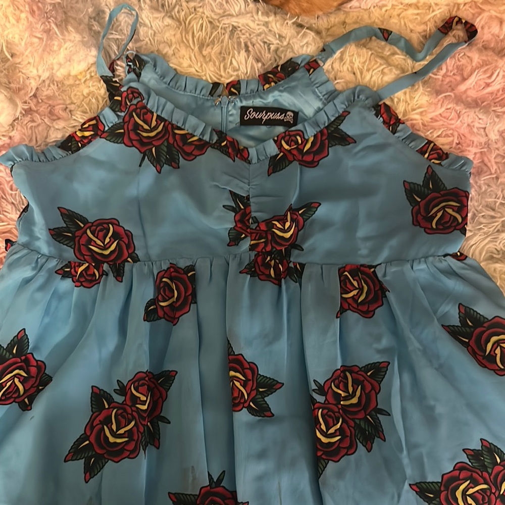 Sourpuss Blue and Red Floral Midi Dress